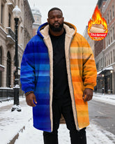 Big & Tall Men's Orange Blue Stripe Gradient Printed Velvet Thickened Long Hooded Coat